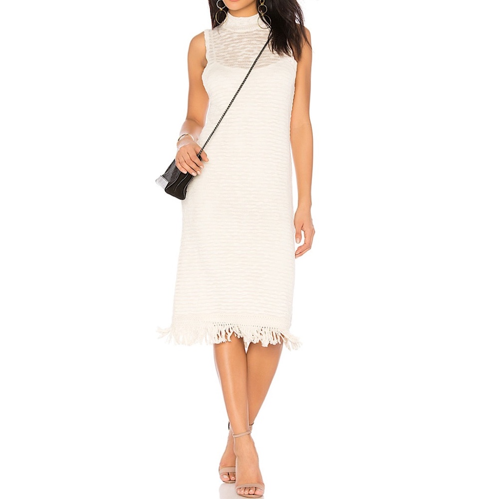 New Callahan Macrame Fringe Hem Sleeveless Mock Neck Knit Dress Cream Size XS